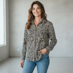 Vintage Regina Porter Women 80s Brown Black Animal Print Button Down Blouse Sz 6